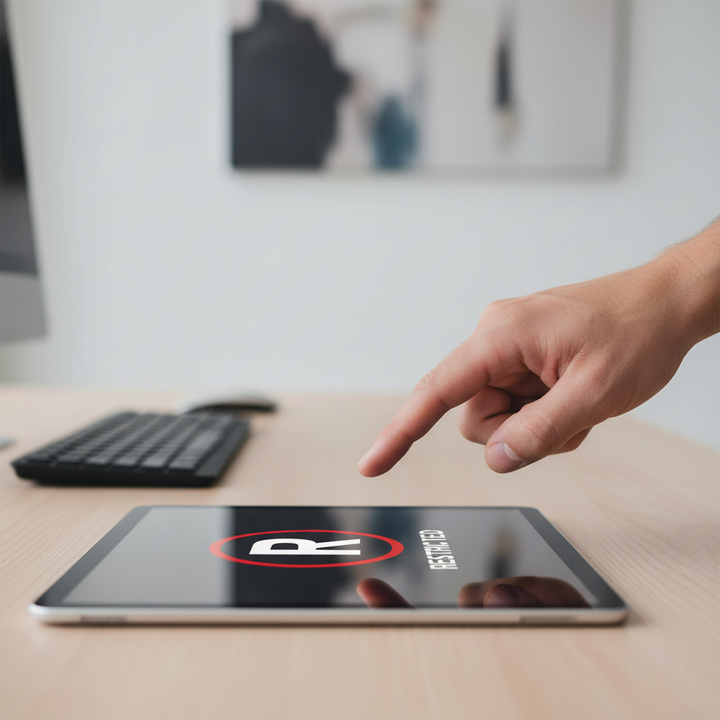 An adult's hand pointing to a prominent 'R' movie rating symbol displayed on a modern digital screen in a professional setting.