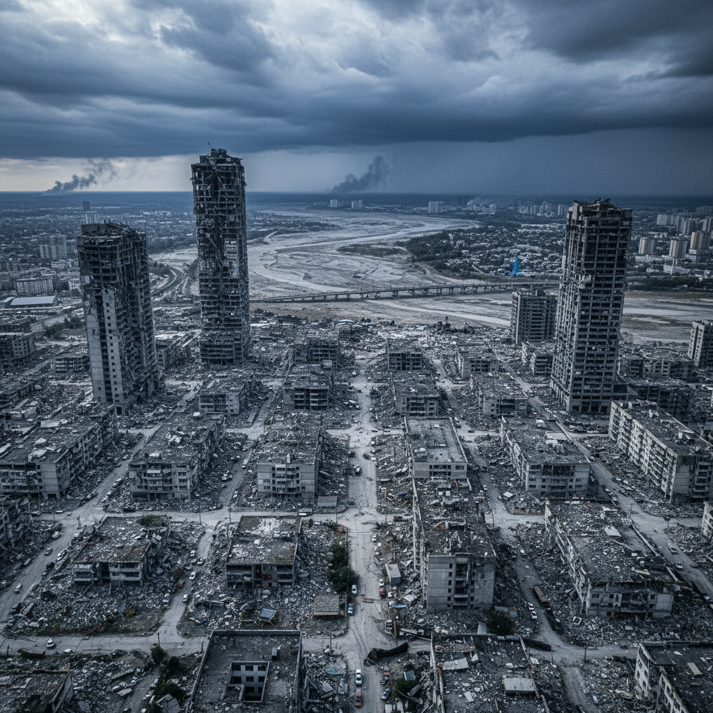 An aerial view of a heavily damaged and desolate city under a dark, stormy sky.