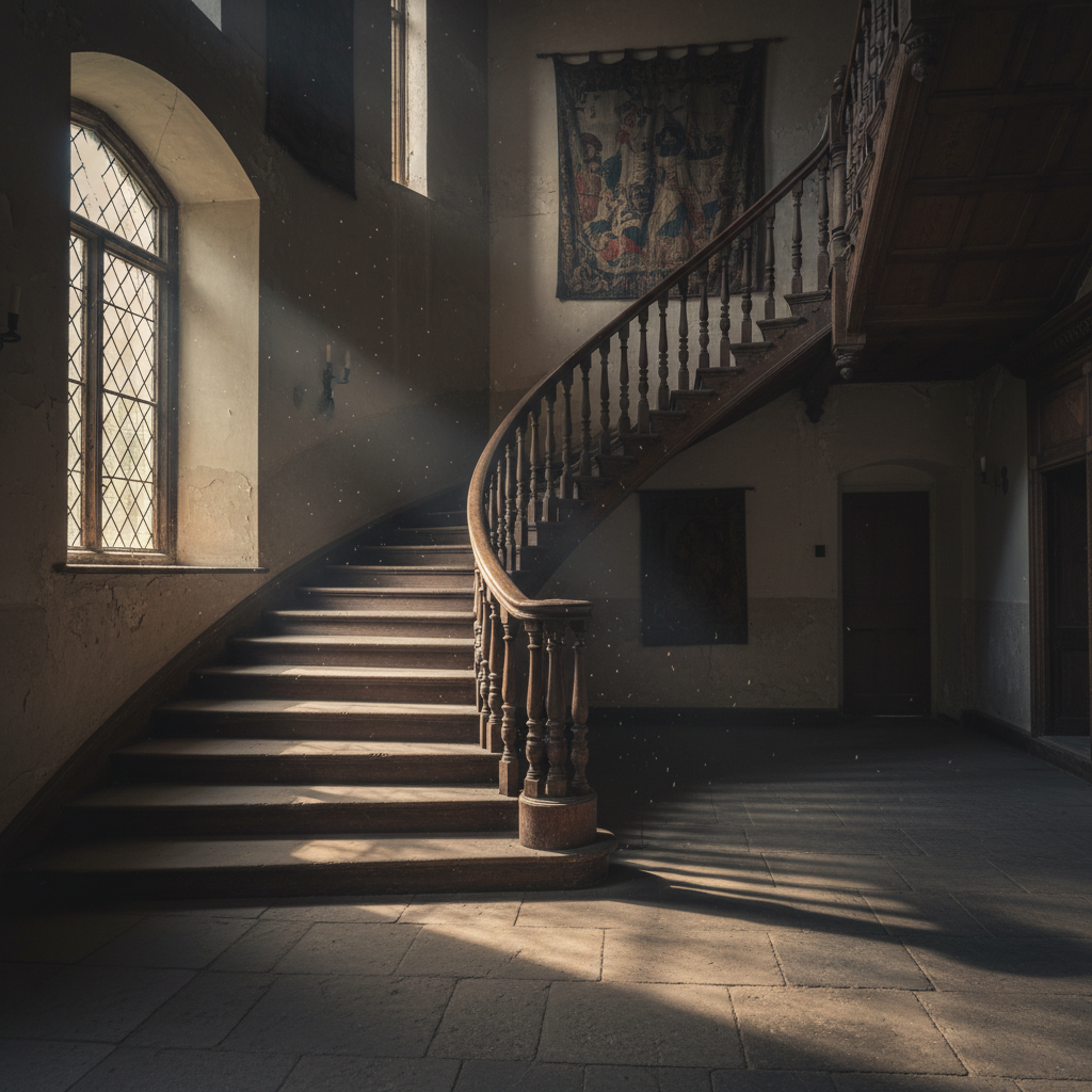 An antique wooden staircase in a dimly lit old house, conveying a sense of mystery.