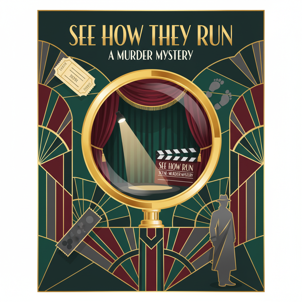 An Art Deco vector illustration featuring a stylized magnifying glass reflecting a theatre stage and clapperboard, surrounded by symbolic clues, representing the mystery of 'See How They Run'.