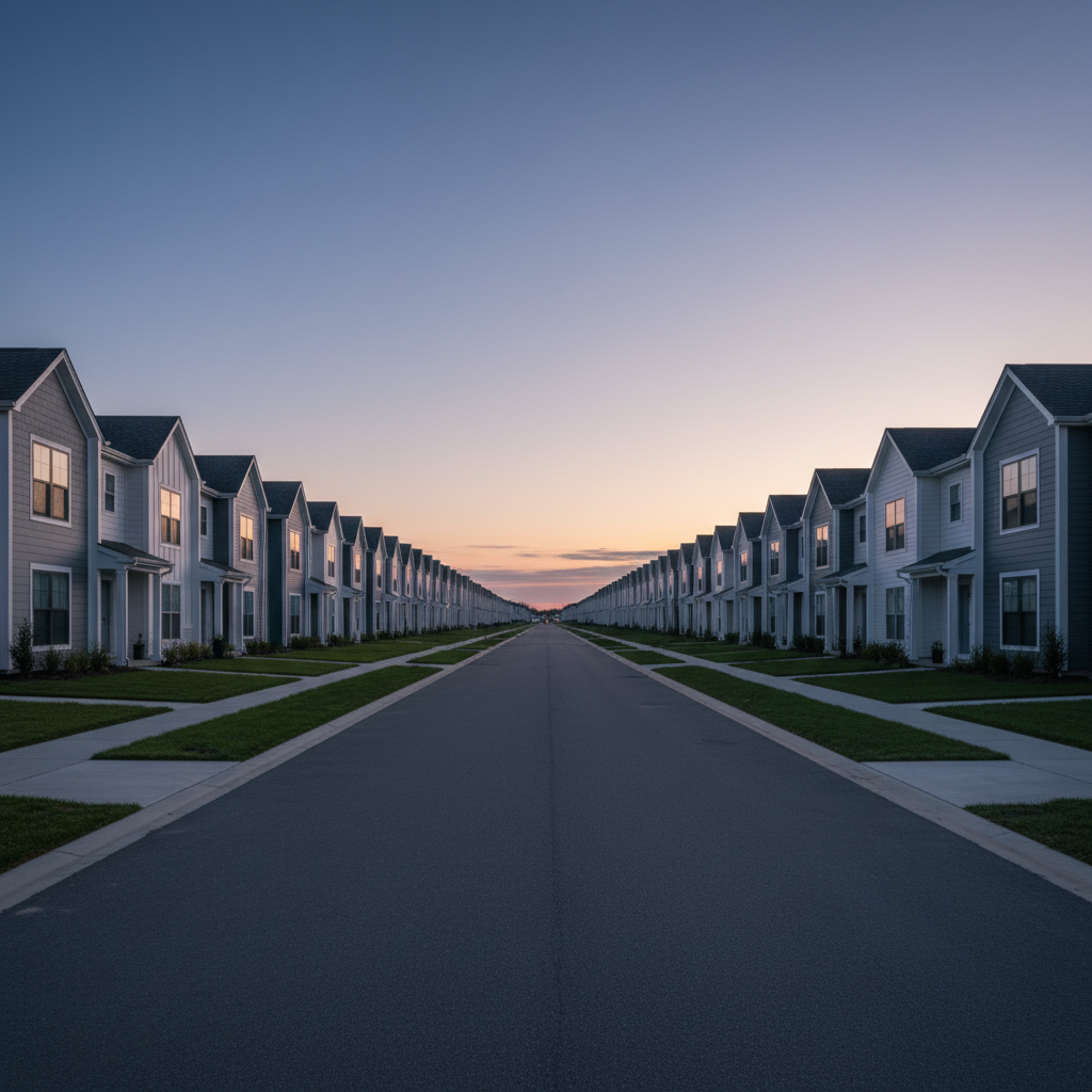 An eerily identical, vacant suburban street with rows of uniform houses under a twilight sky, hinting at the surreal and unsettling themes of Vivarium.