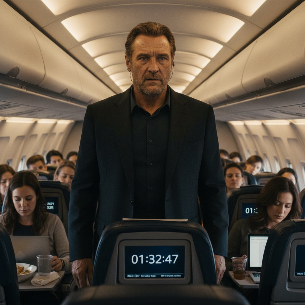 An intense image of Liam Neeson's character, an Air Marshal, observing passengers inside a busy airplane.