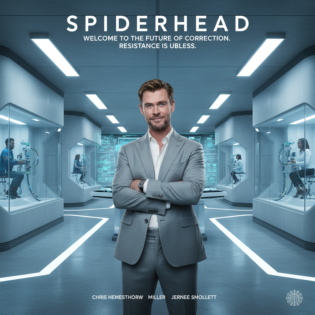 Chris Hemsworth as Steve Abnesti in a futuristic, minimalist prison lab, looking charismatic and unsettling.