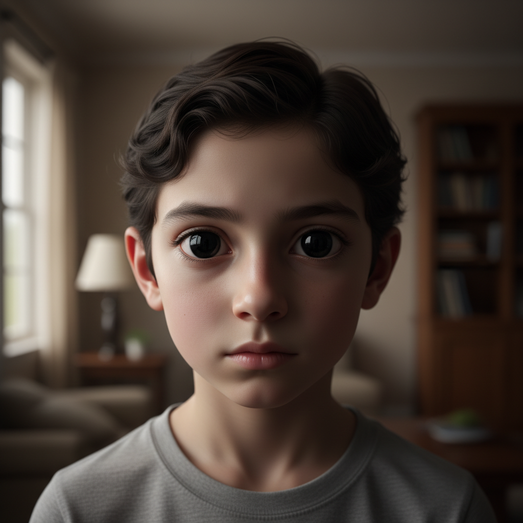 Close-up portrait of a young boy with an unsettling, intense gaze and strangely perfect features, hinting at his non-human nature.