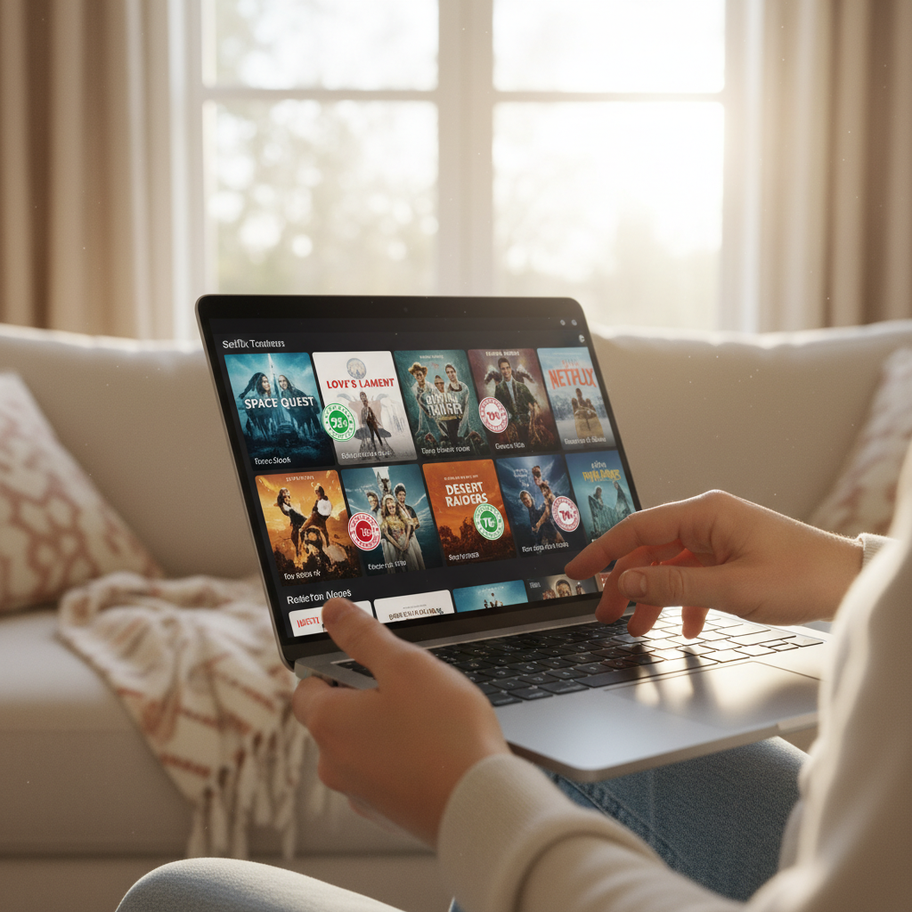 Hands hold a tablet displaying Netflix, with movie titles and their Rotten Tomatoes scores visible on screen.