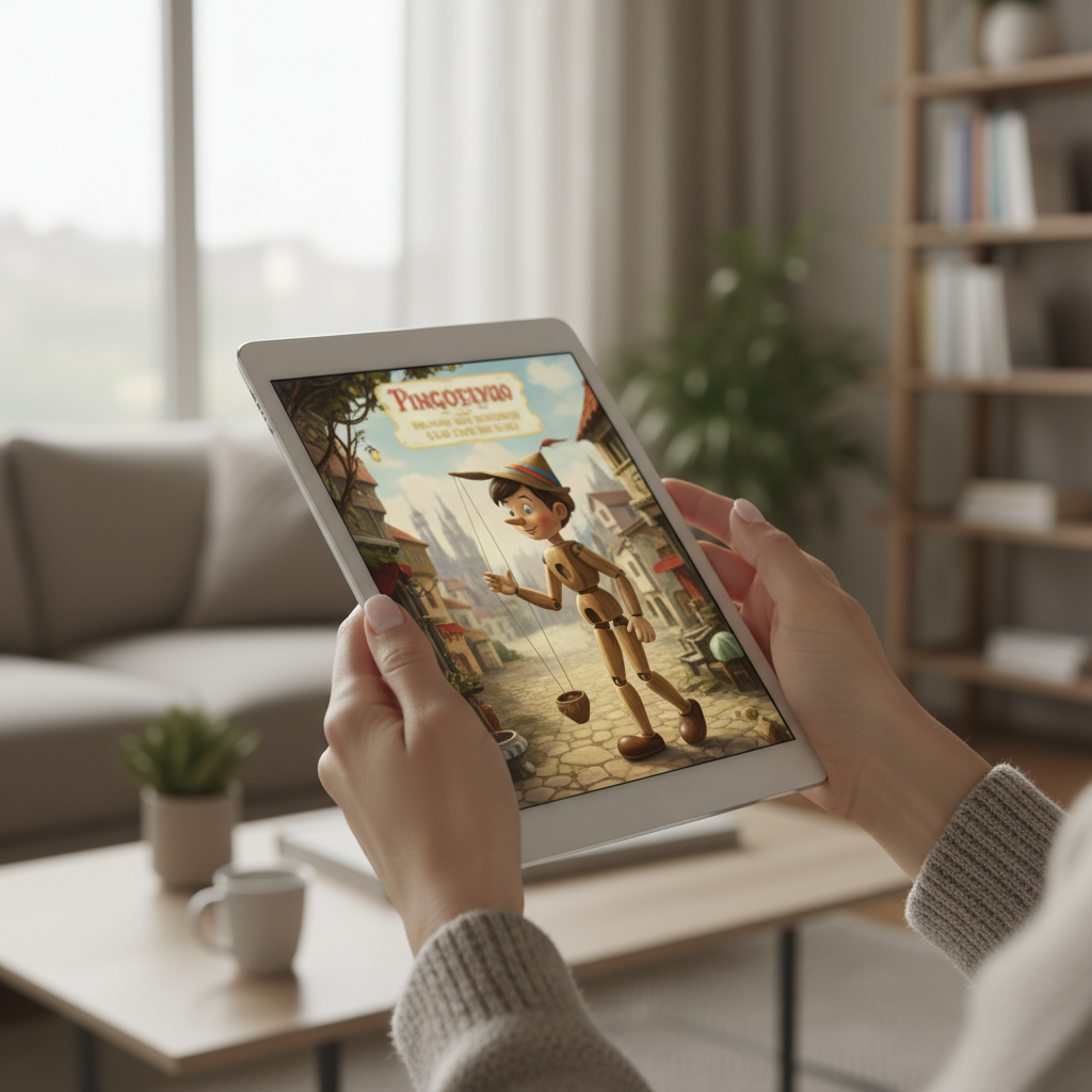 Hands holding a tablet displaying a blurred image of a classic storybook.