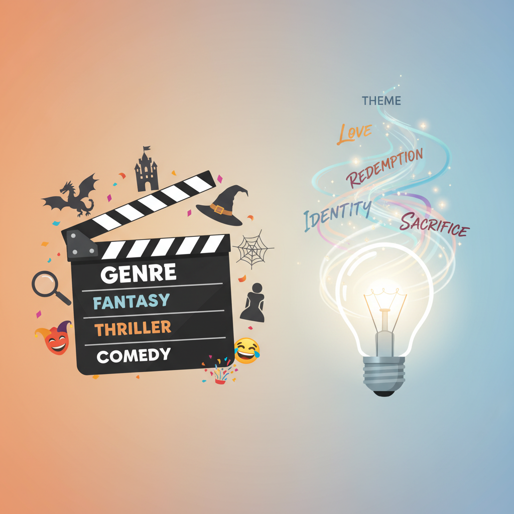 Illustration contrasting genre (movie clapboard with labels) and theme (glowing light bulb with abstract concepts).