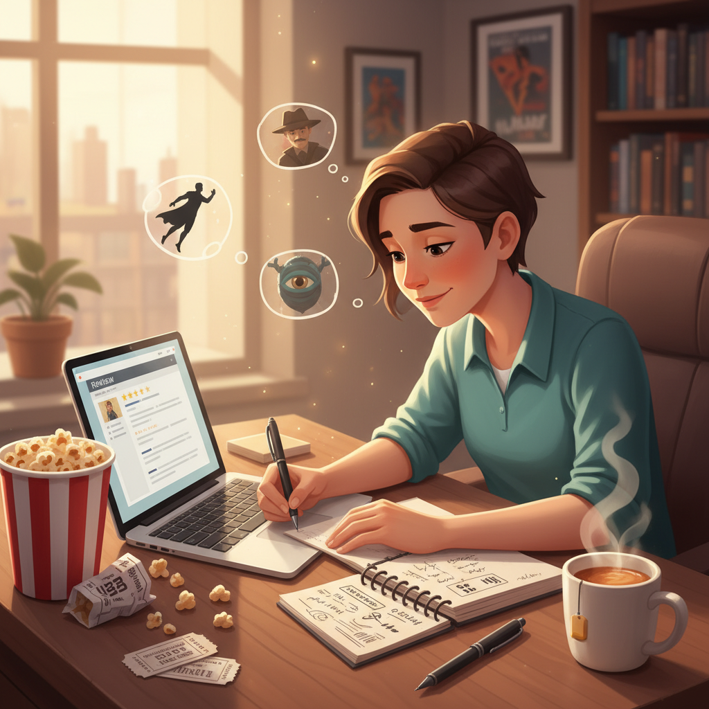 Illustration of a person enthusiastically writing a film review at a desk with popcorn, movie tickets, and notes.