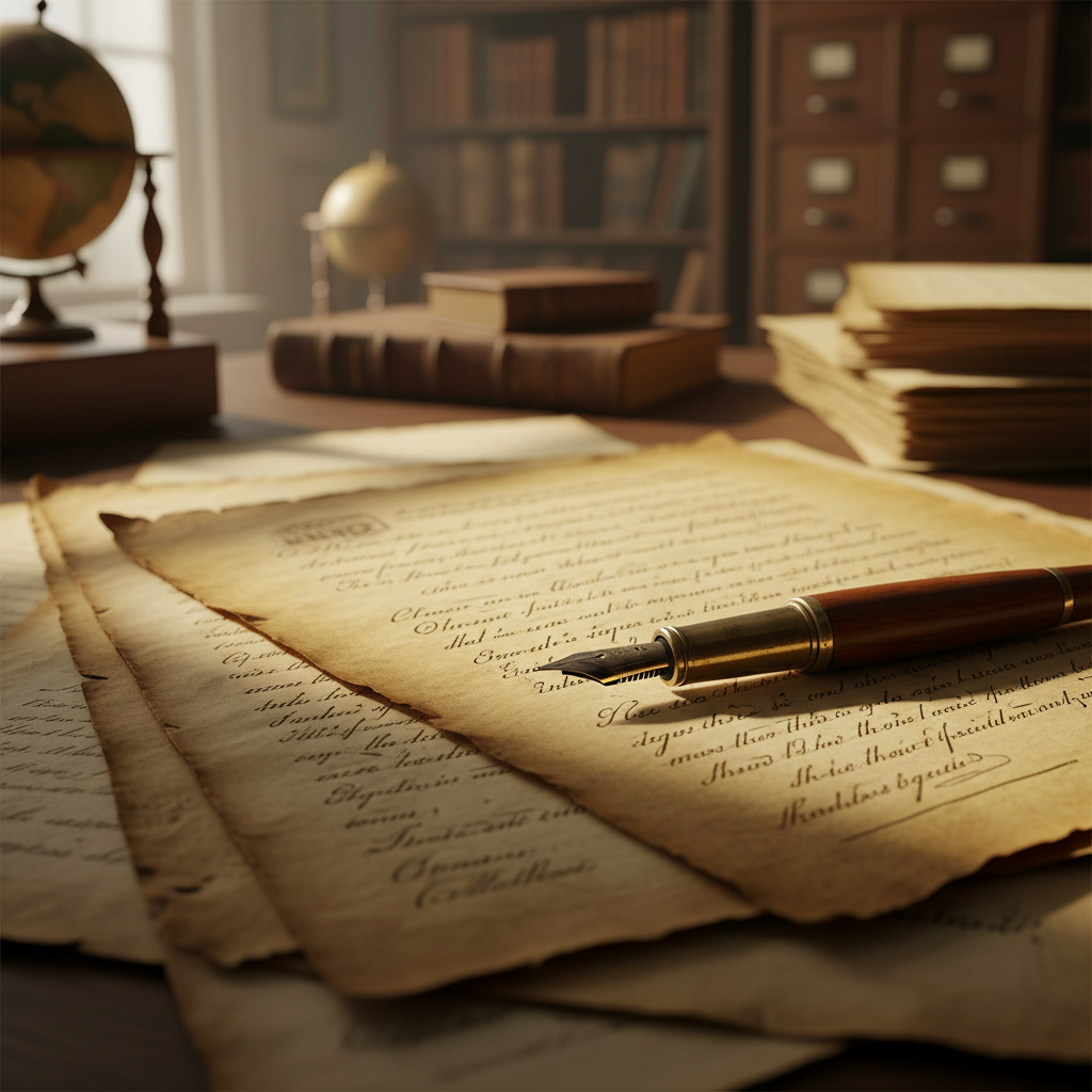 Old historical documents and a vintage fountain pen on a desk, symbolizing research into past events.