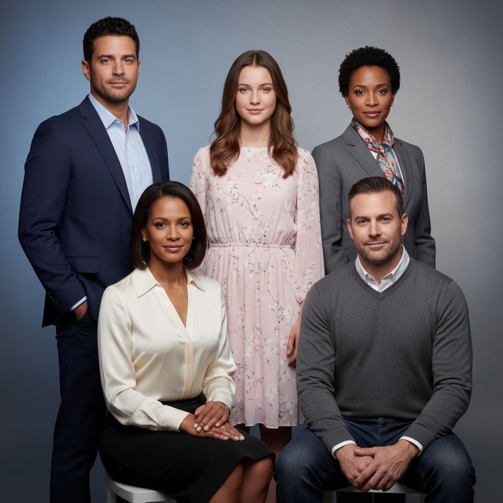 Professional group portrait of five actors from the Firestarter 2022 film, looking confident and approachable.