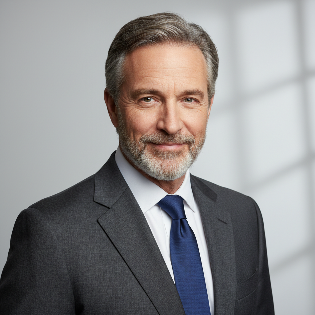 Professional headshot of a charismatic male actor in a dark suit, exuding confidence and seasoned talent.