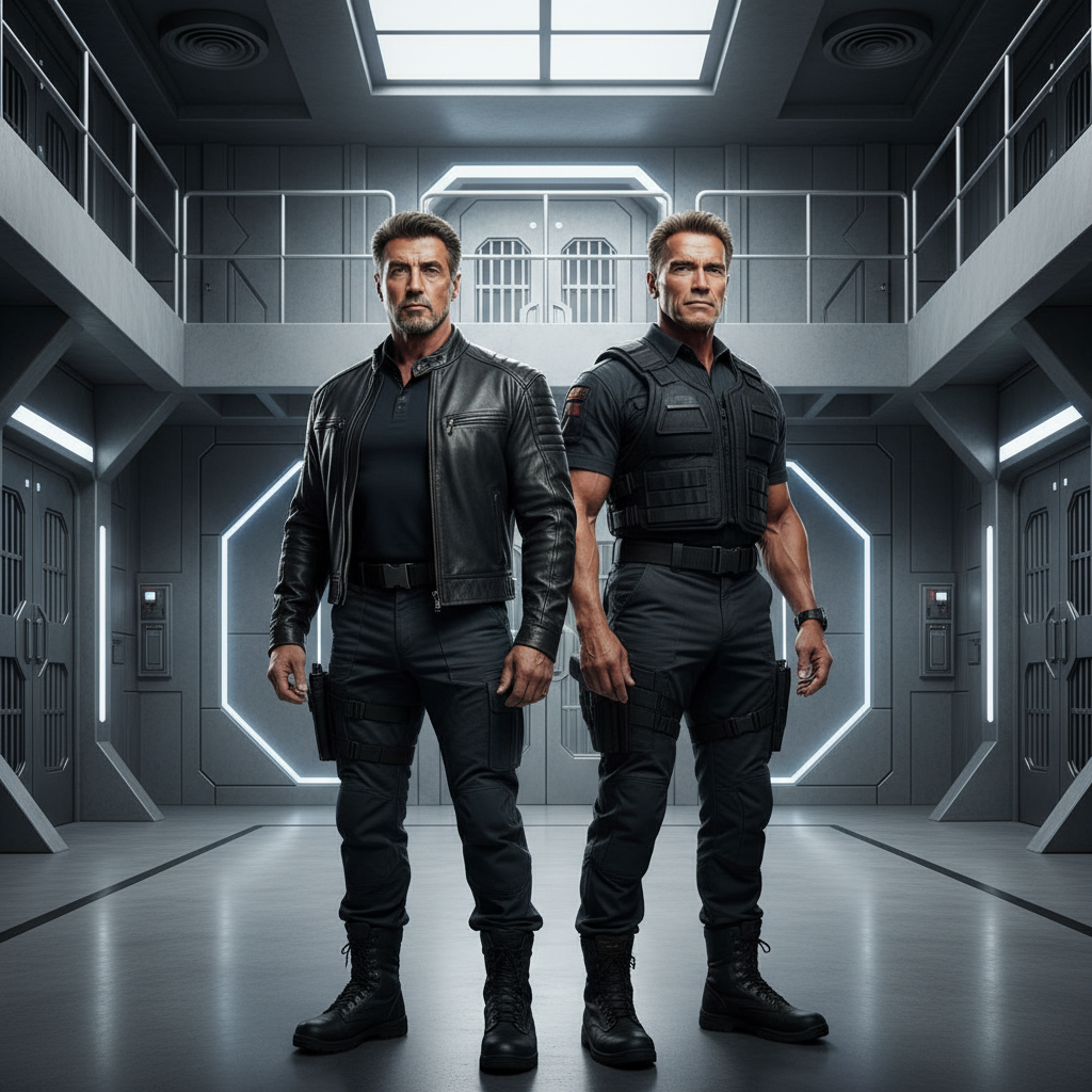 Professional photo of Sylvester Stallone and Arnold Schwarzenegger in tactical clothing, representing their roles in Escape Plan.