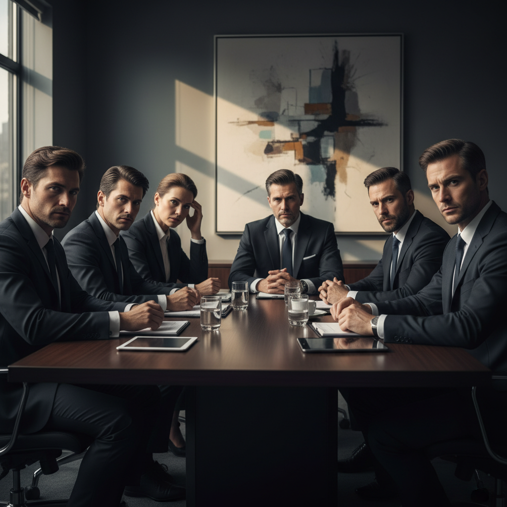 Stern-faced business executives in suits gather around a conference table in a dimly lit boardroom, their expressions showing tension.