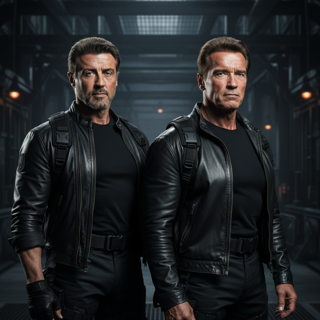 Sylvester Stallone and Arnold Schwarzenegger, stars of Escape Plan, standing together with determined expressions in a cinematic setting.