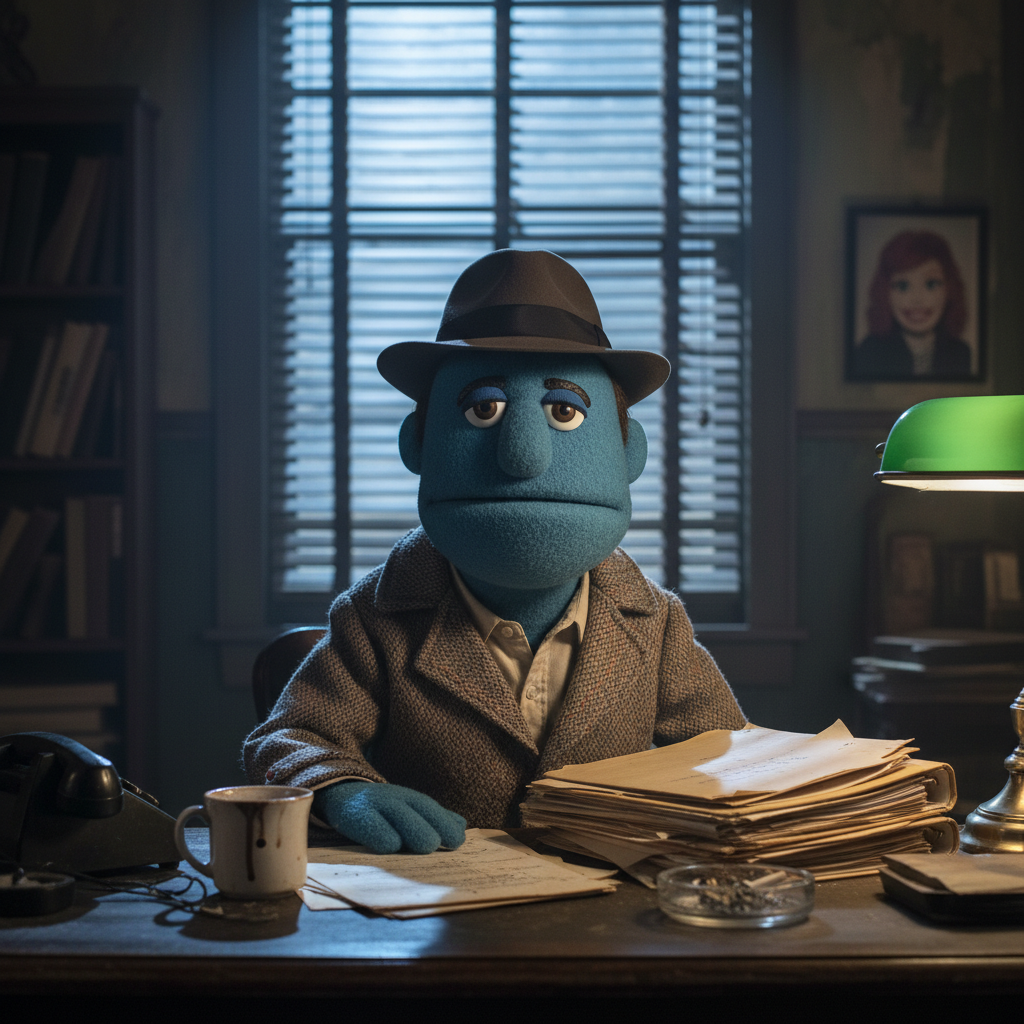 The blue puppet detective Phil Philips in a dimly lit private investigator's office, looking world-weary.