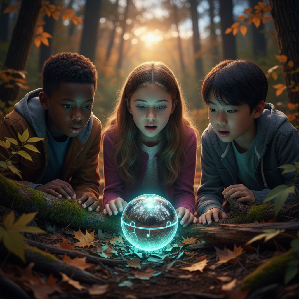 Three children in a forest looking curiously at a small, glowing alien creature.
