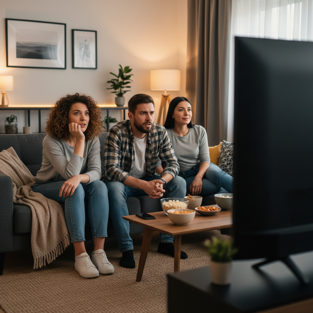 Three friends intently watching a movie together on a sofa.