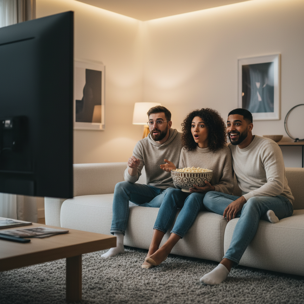 Three friends on a sofa looking captivated while watching a movie together, with a bowl of popcorn.