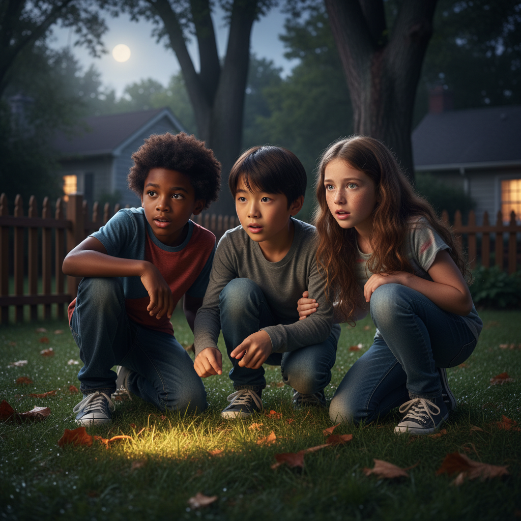 Three pre-teen friends in a backyard at night, looking with wonder at a mysterious glowing light, capturing a sense of discovery.