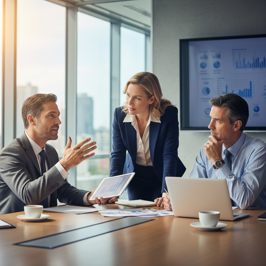 Three professionals in a meeting room engaged in a thoughtful and animated discussion.