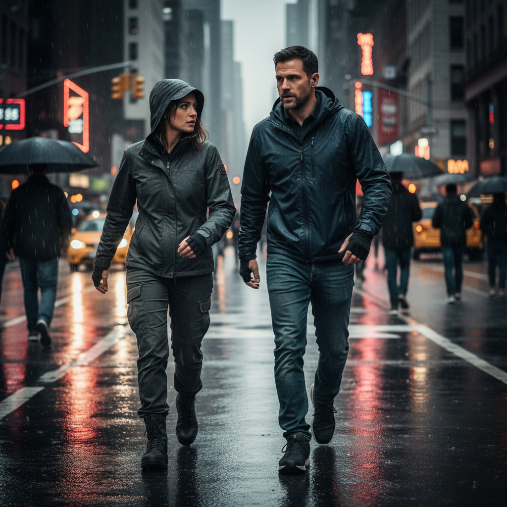 Two determined individuals, a man and a woman, in an urgent urban setting at dusk, suggesting an action-thriller.