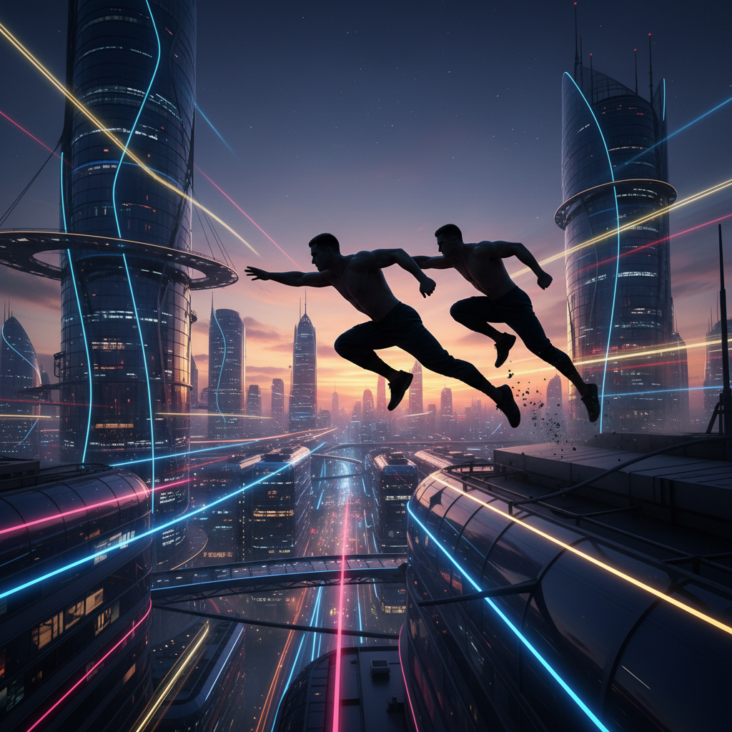 Two dynamic, athletic figures in silhouette against a futuristic city skyline, conveying intense action and an espionage thriller.