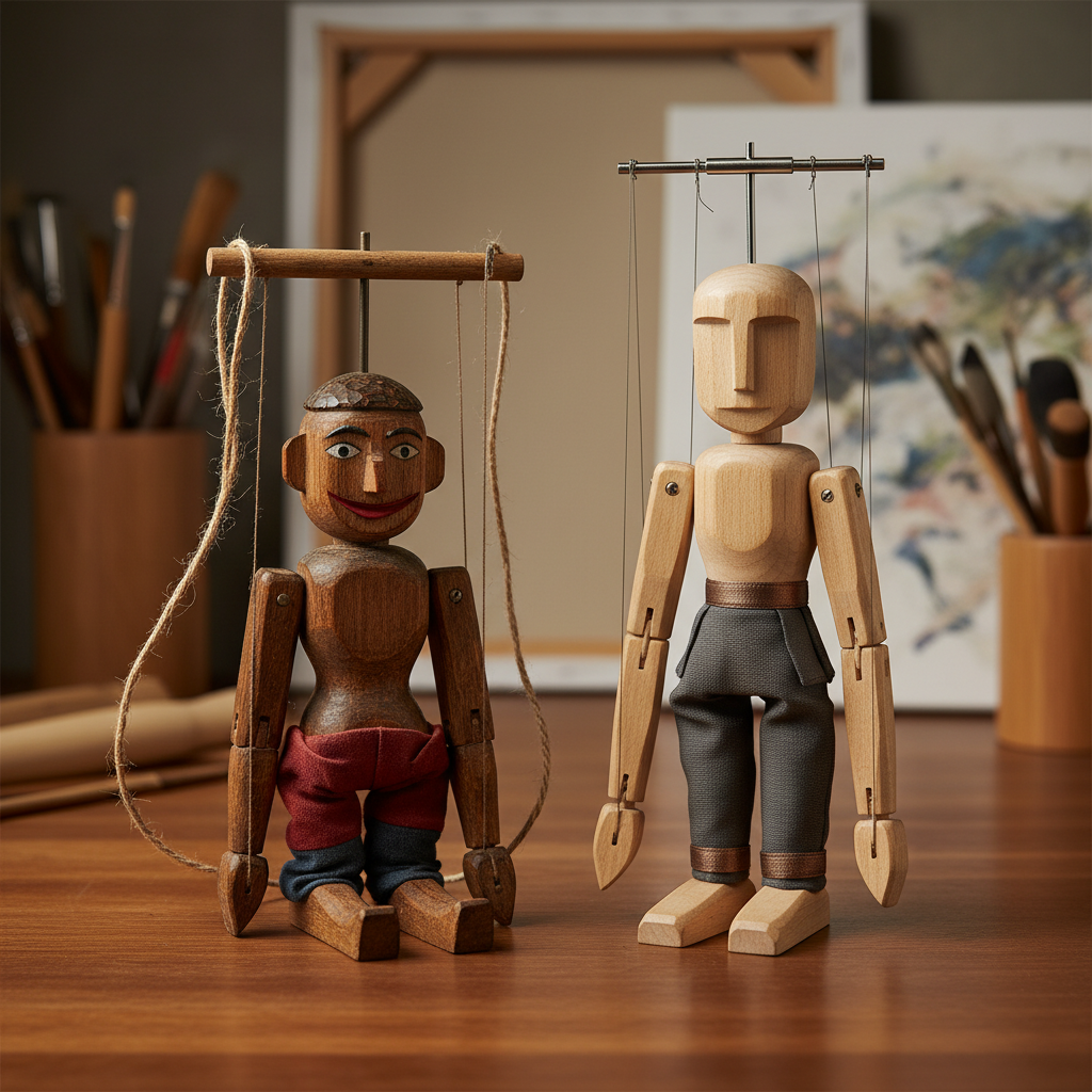 Two wooden puppets, one vintage and one modern, displayed side by side.