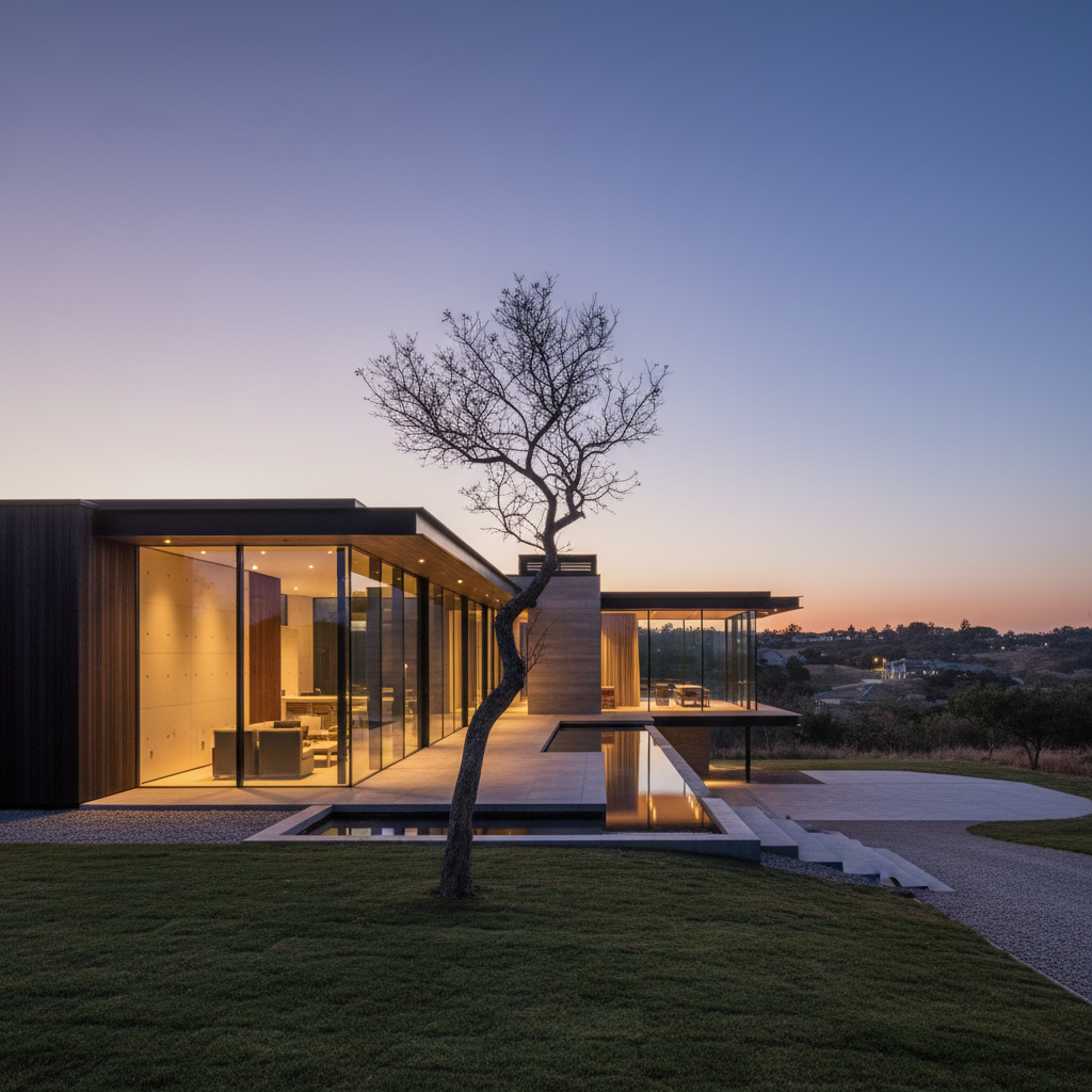 A modern house at dusk with interior lights on, suggesting quiet domesticity with an underlying sense of unease.