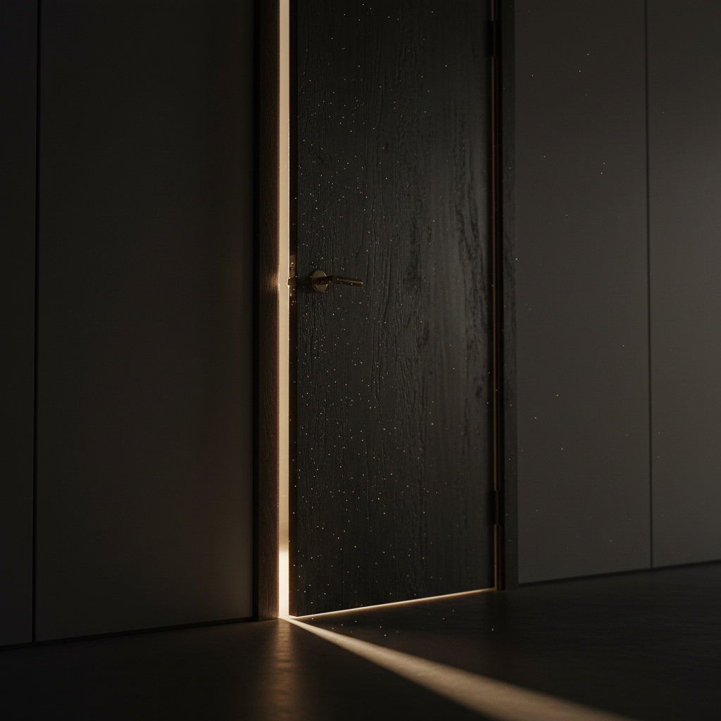 A partially open, dark wooden door in a dim hallway, creating a sense of mystery and hidden secrets.