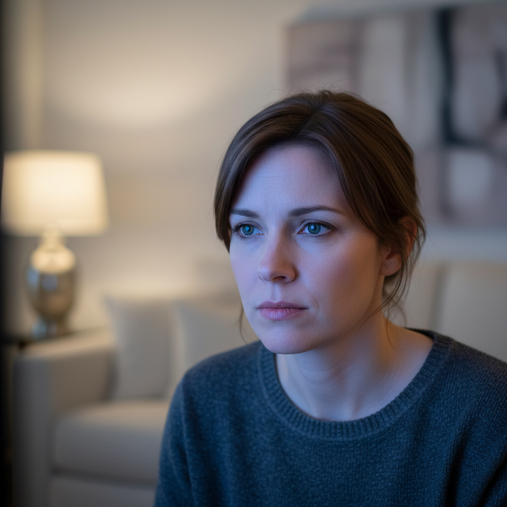 A person with a thoughtful expression watching a movie screen, illuminated by its glow.