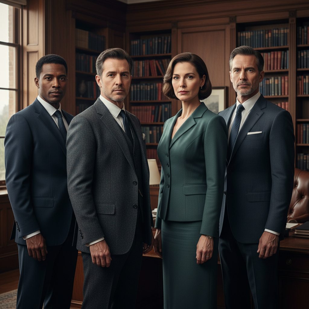 A professional group photo of four diverse adults in sophisticated business attire, looking serious and determined, representing an ensemble cast.