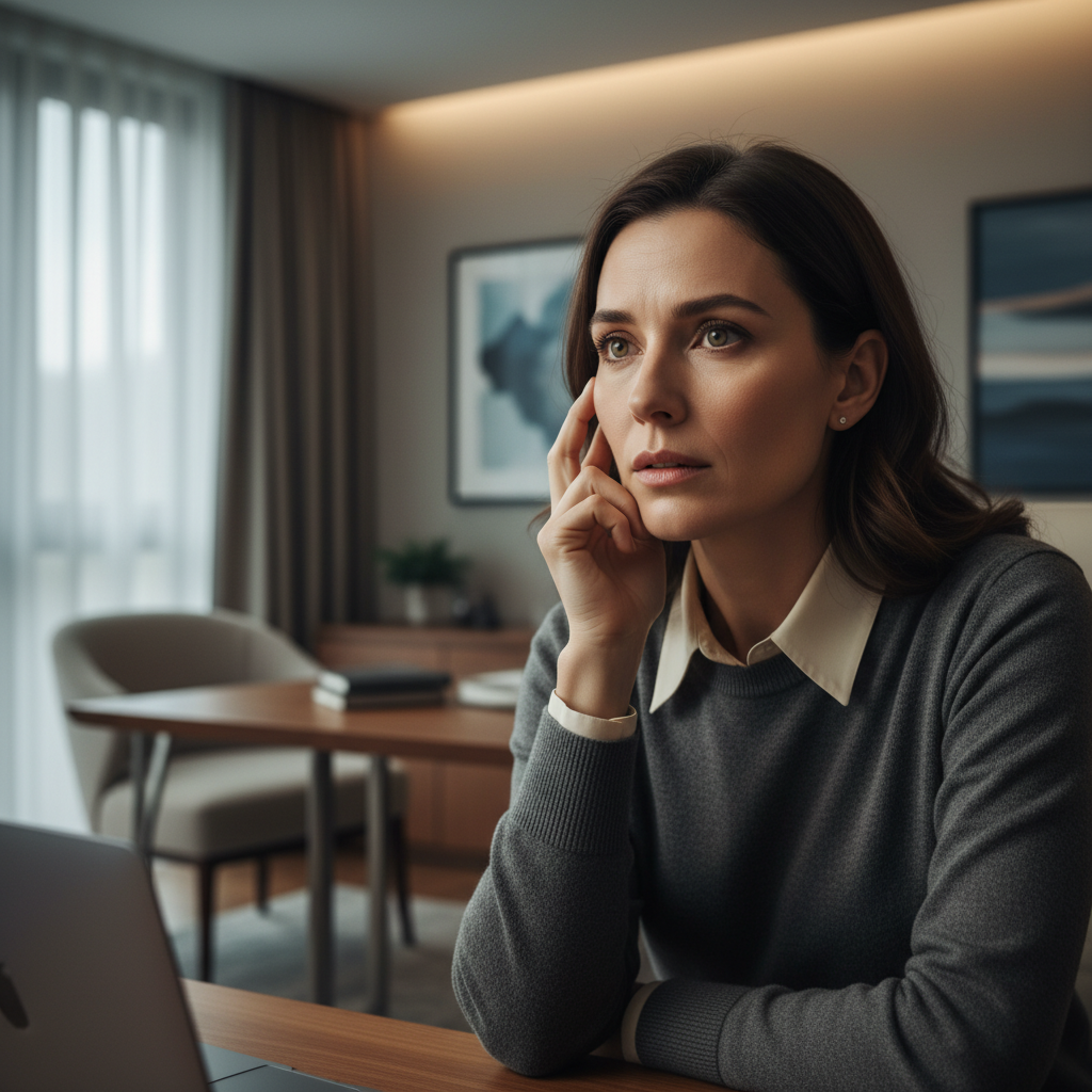 A professional photo of a woman in a modern home, looking intently at a screen with a tense, focused expression, suggesting she's watching a thrilling movie.