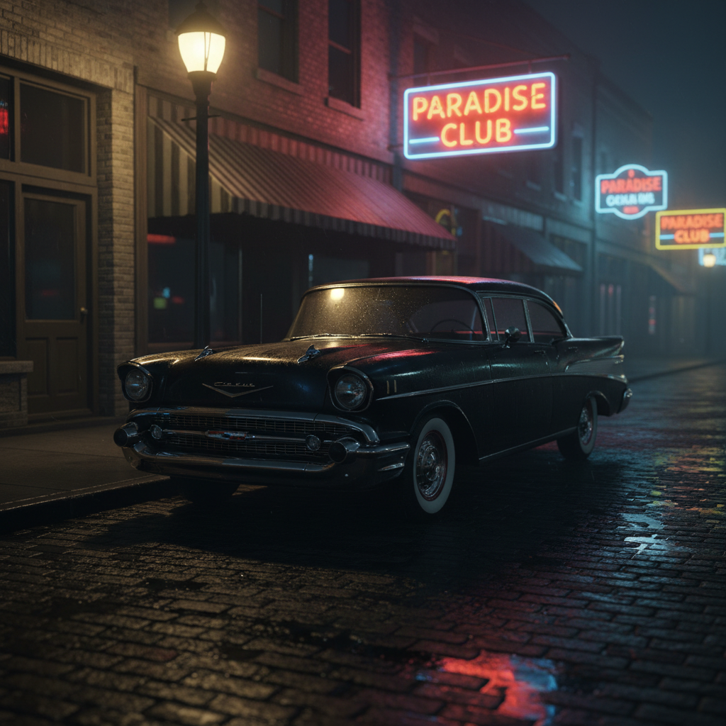 A rain-slicked, dimly lit 1950s Detroit street at night with a vintage car parked under a streetlamp, evoking a crime thriller atmosphere.