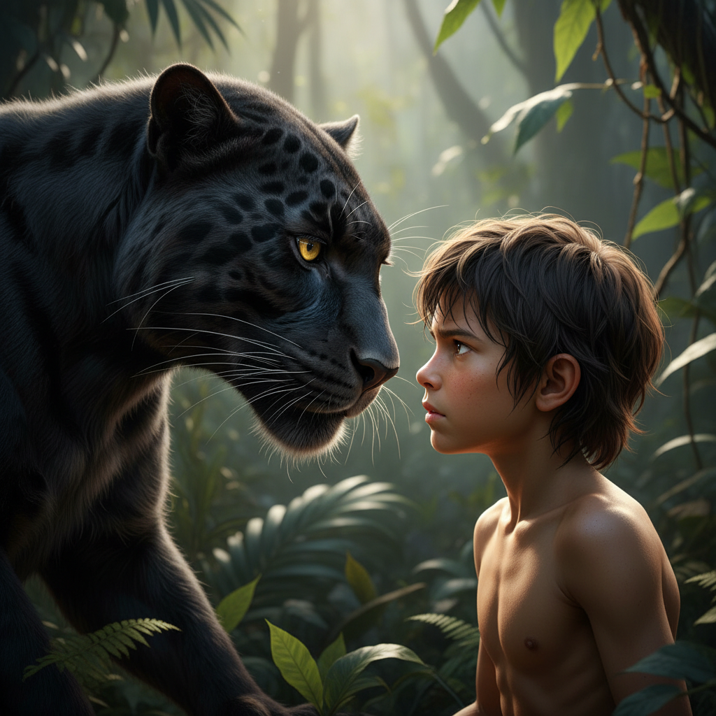 Mowgli shares an intense gaze with a photorealistic black panther in a dense jungle.