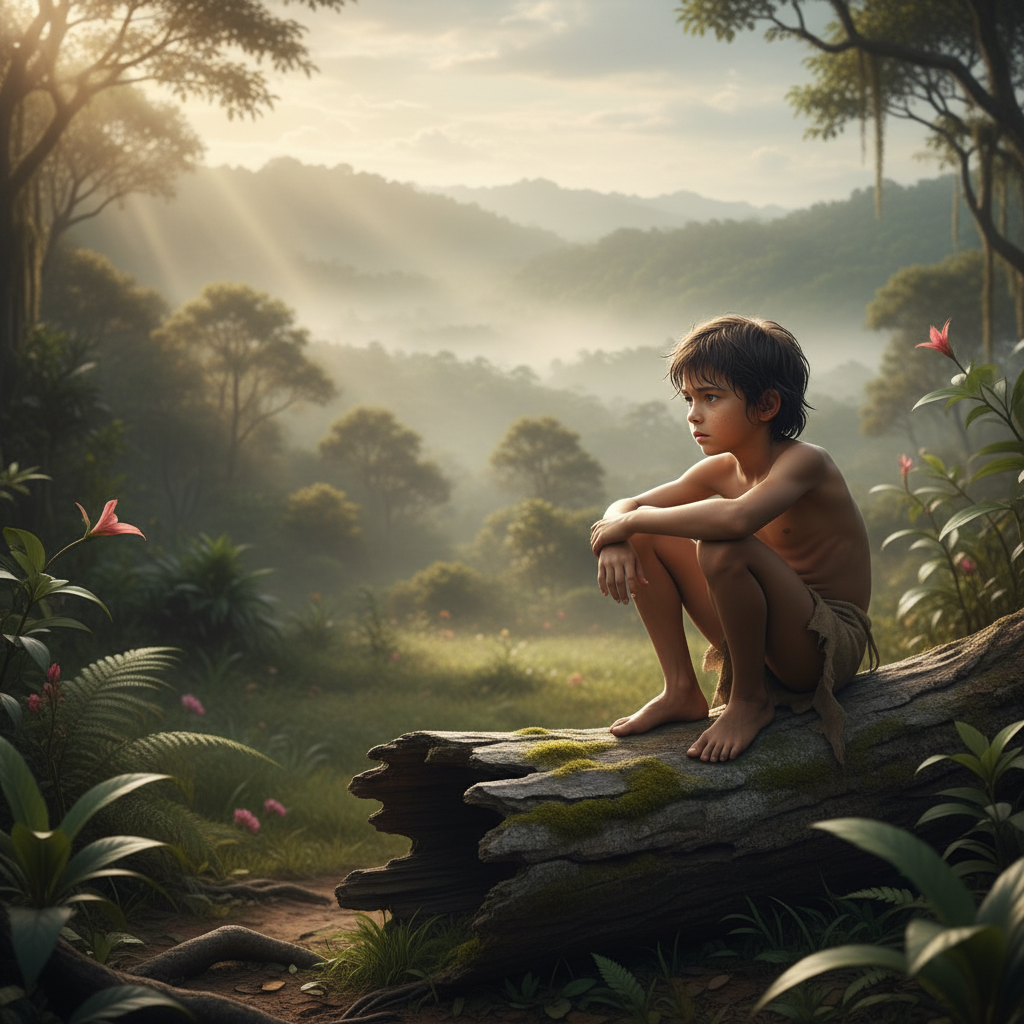 Mowgli sits alone on a large rock in a misty jungle clearing, looking thoughtful.