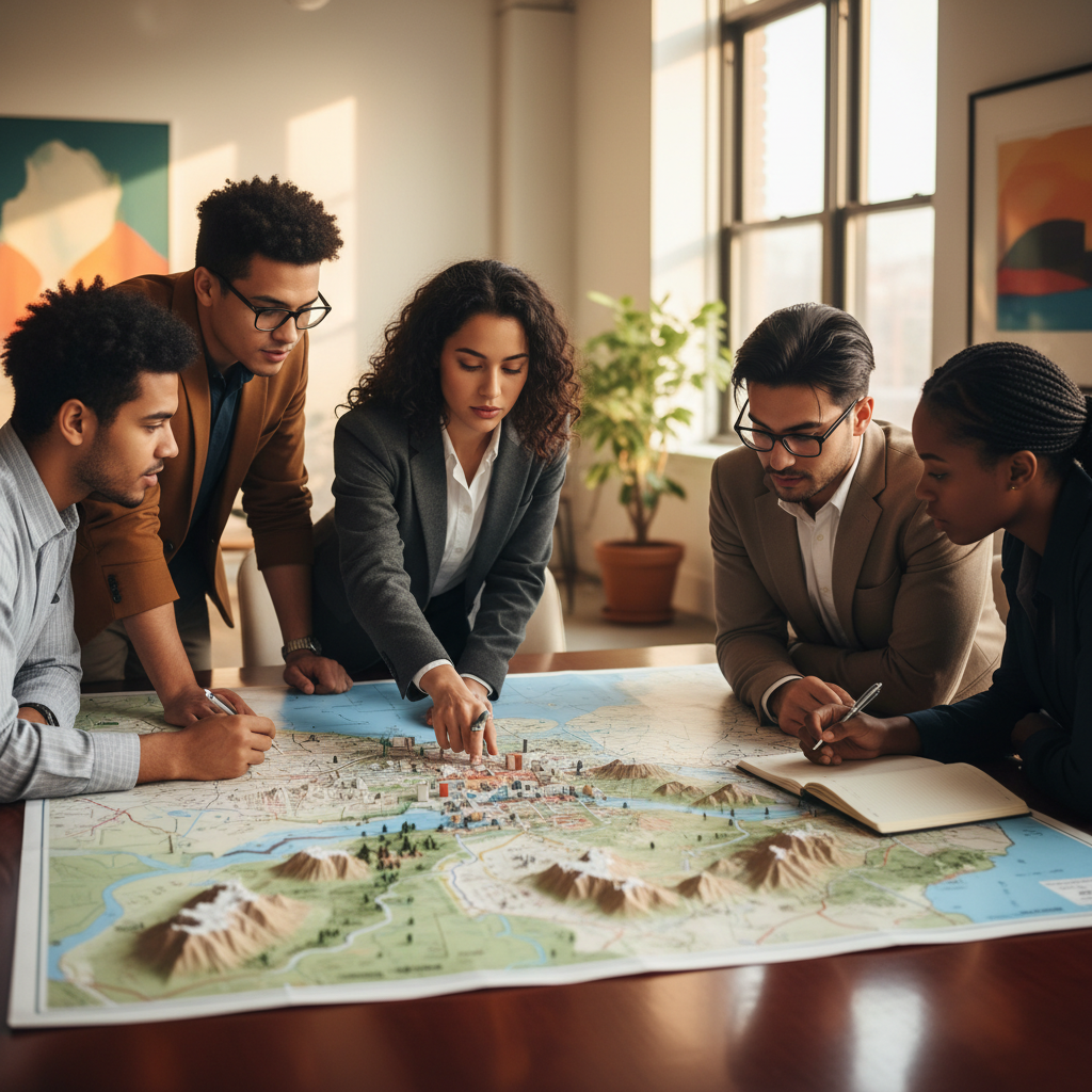 A diverse group of young adults studying a detailed map on a table, engaged in planning or discovery.