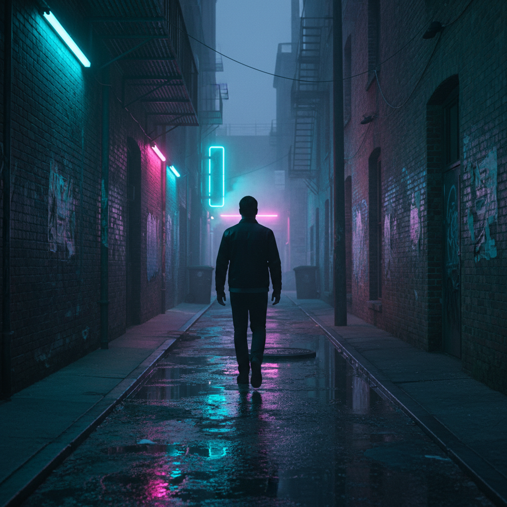 A lone figure walks away into a gritty, neon-lit urban alleyway at night.
