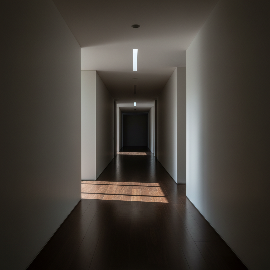 A long, dimly lit hallway in a modern, luxurious house, creating a sense of mystery and unease.