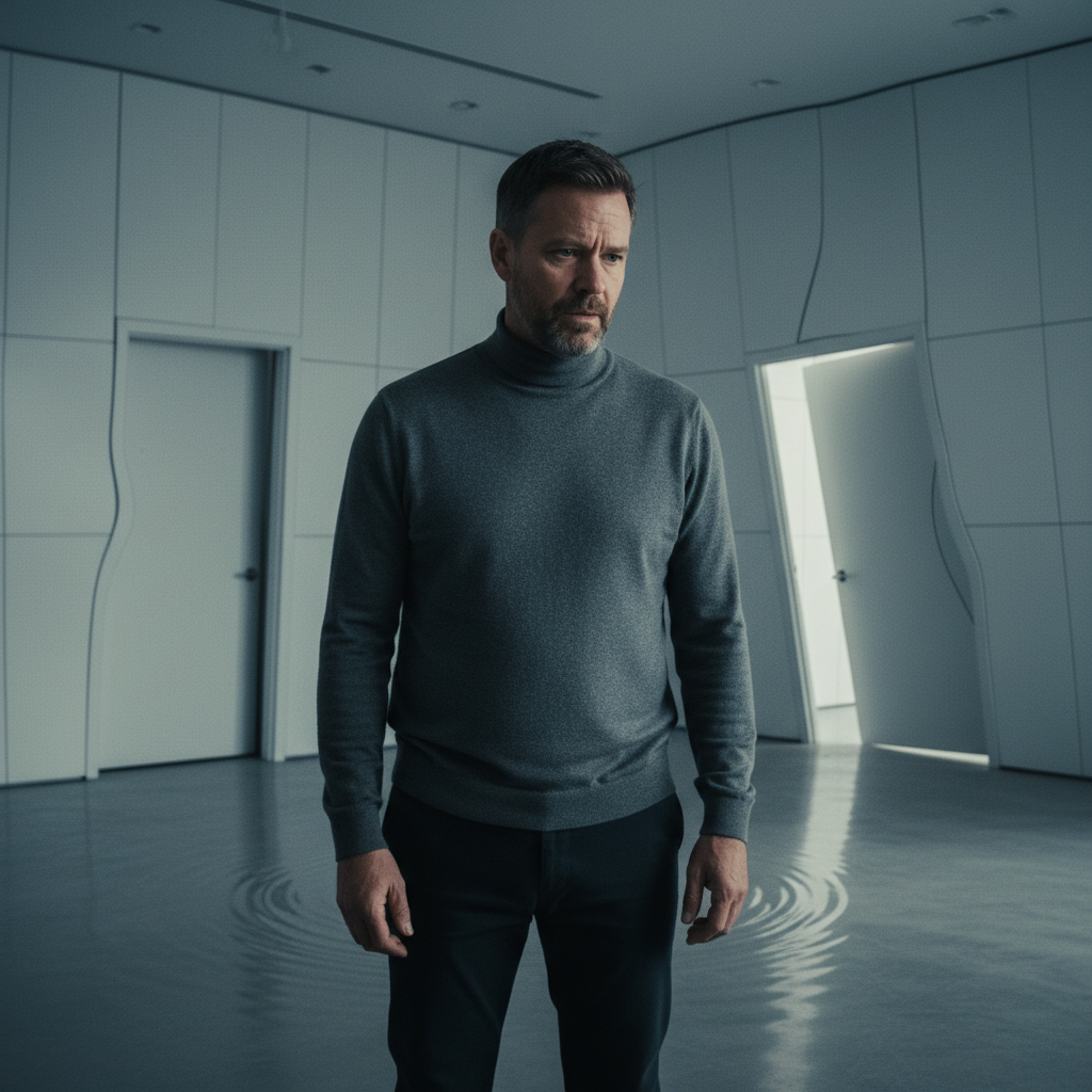 A man looks thoughtful and slightly disoriented in a subtly distorted room, symbolizing psychological turmoil.
