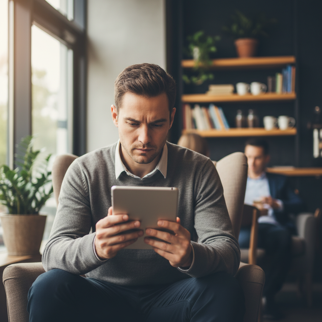 A person thoughtfully reads content on a tablet or smartphone in a comfortable setting.