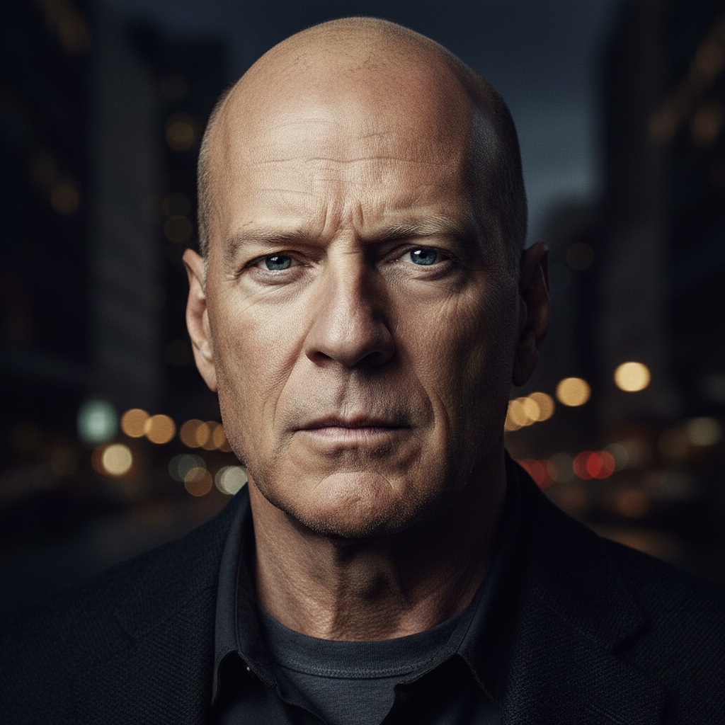 A photorealistic close-up portrait of actor Bruce Willis with a serious expression, against a blurred urban night background.