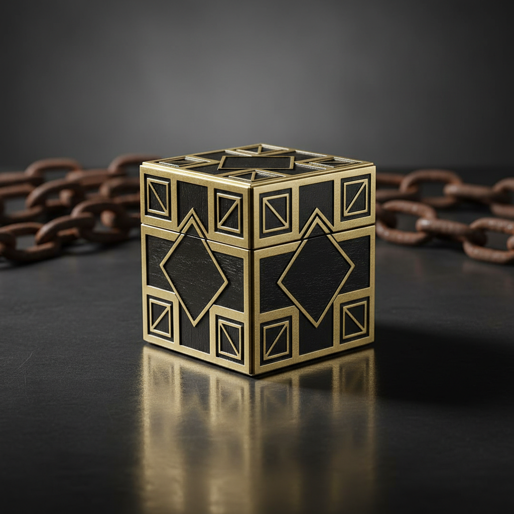 A photorealistic, high-quality photograph of the intricate Lament Configuration puzzle box on a dark, reflective surface, with blurred heavy chains in the background.
