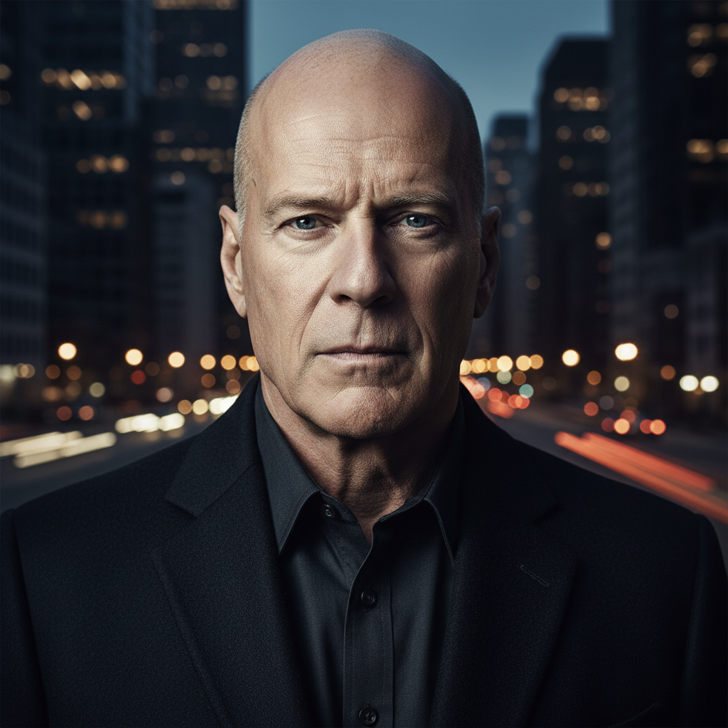 A photorealistic portrait of a bald, determined man, similar to Bruce Willis, against a blurred urban background, symbolizing the intensity of the Death Wish remake.
