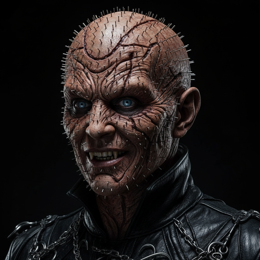 A professional close-up photograph of the Hell Priest Cenobite from Hellraiser (2022), showing intricate facial pins and prosthetics.