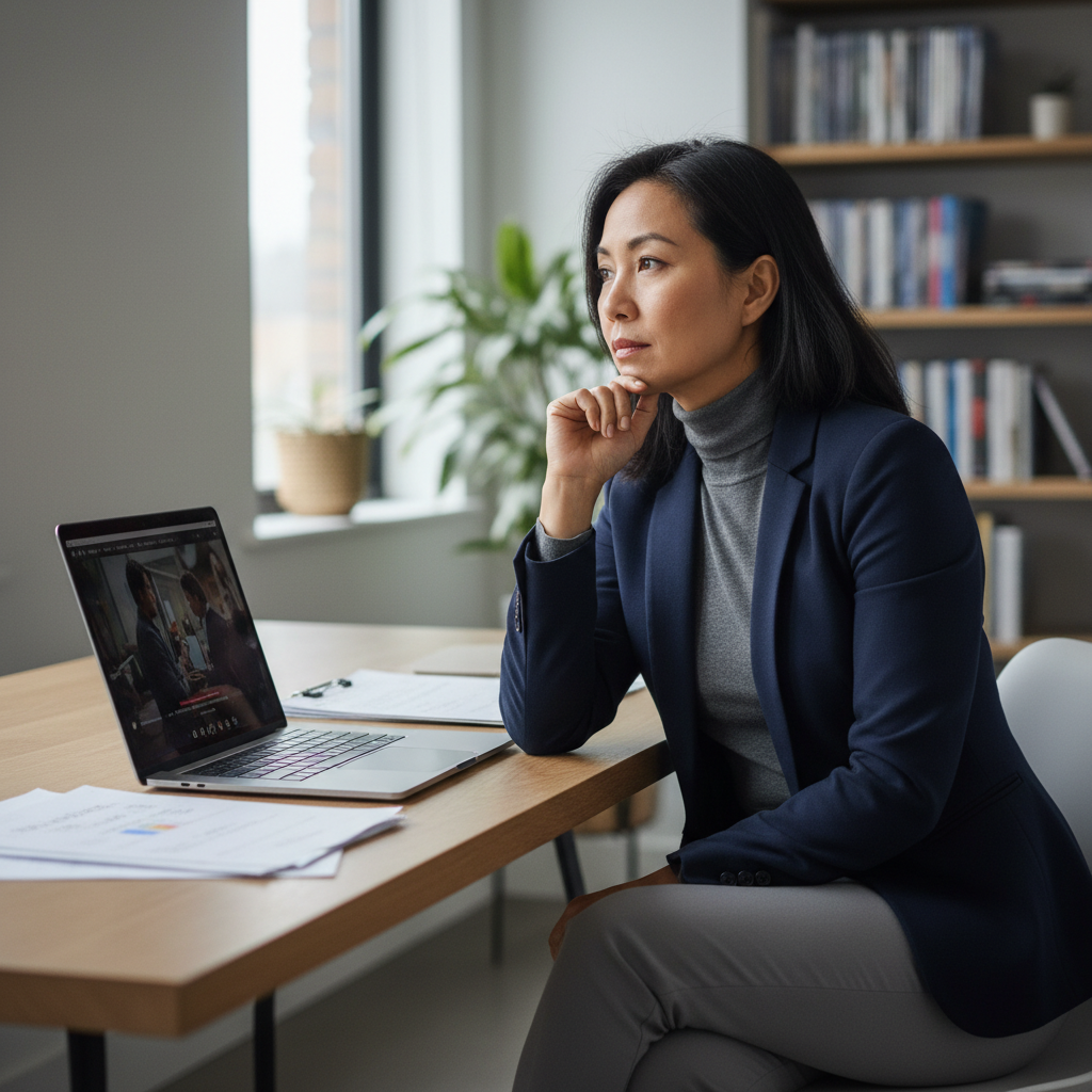 A professional movie critic sitting at a desk, looking contemplative as they ponder a final review verdict.