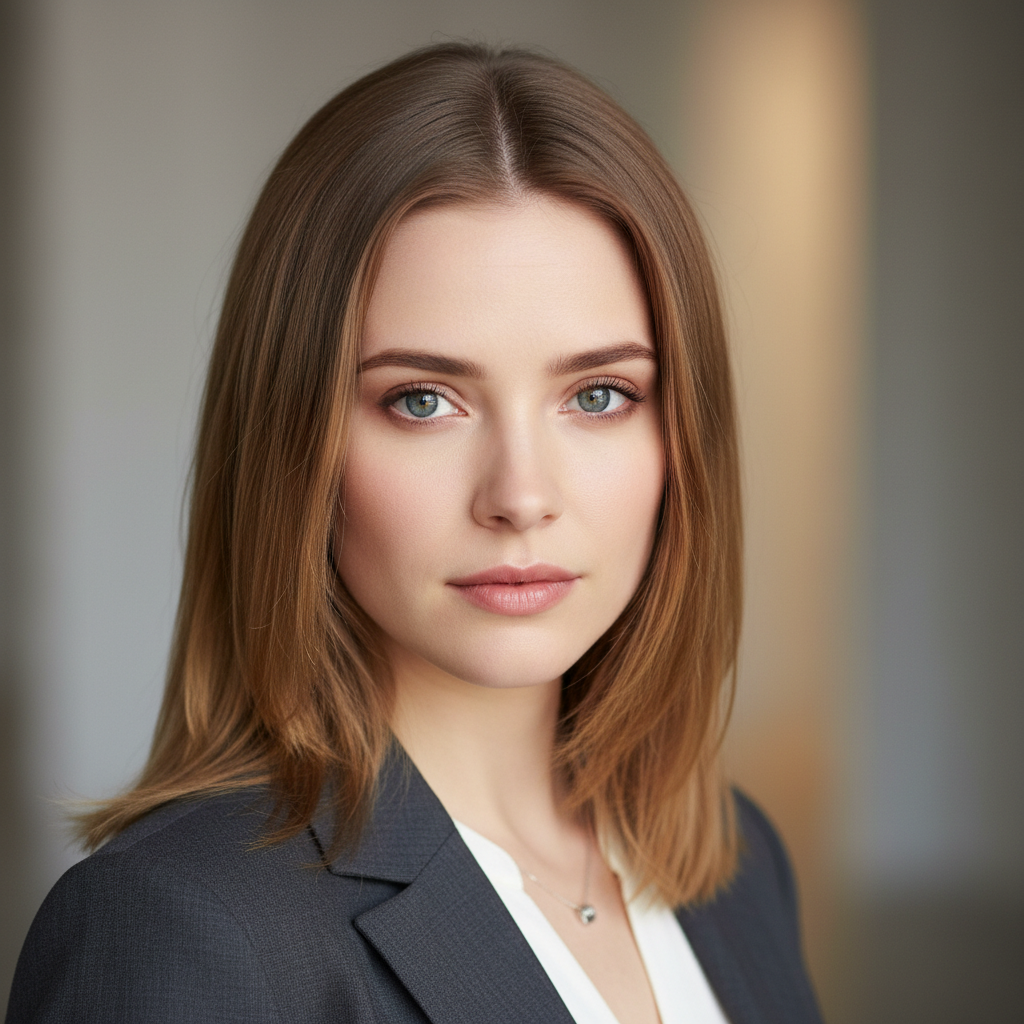 A professional studio headshot of a serious young woman with a direct gaze.