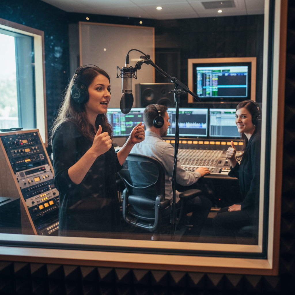 A professional voice actor recording in a sound booth, with a sound engineer and director in the control room.
