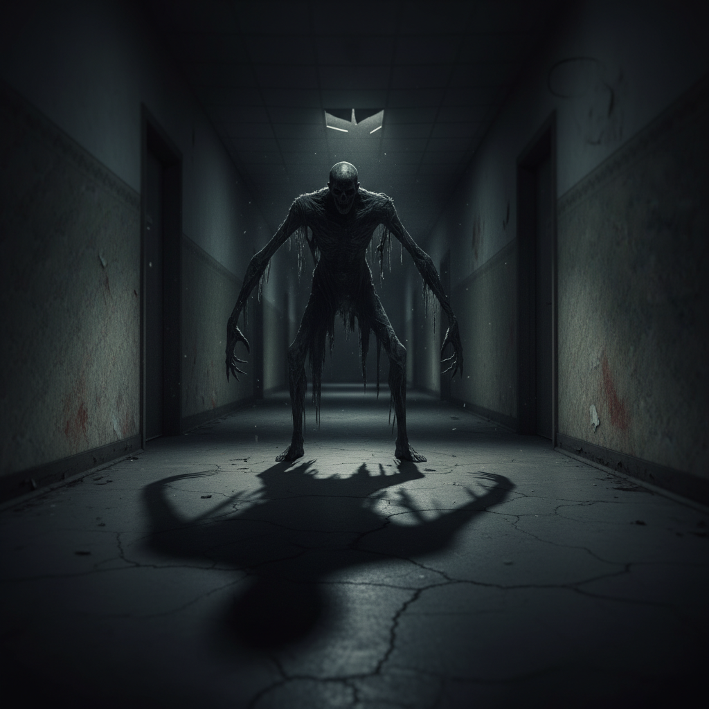 A shadowy, unsettling figure with distorted features partially visible in a dark, ominous hallway.