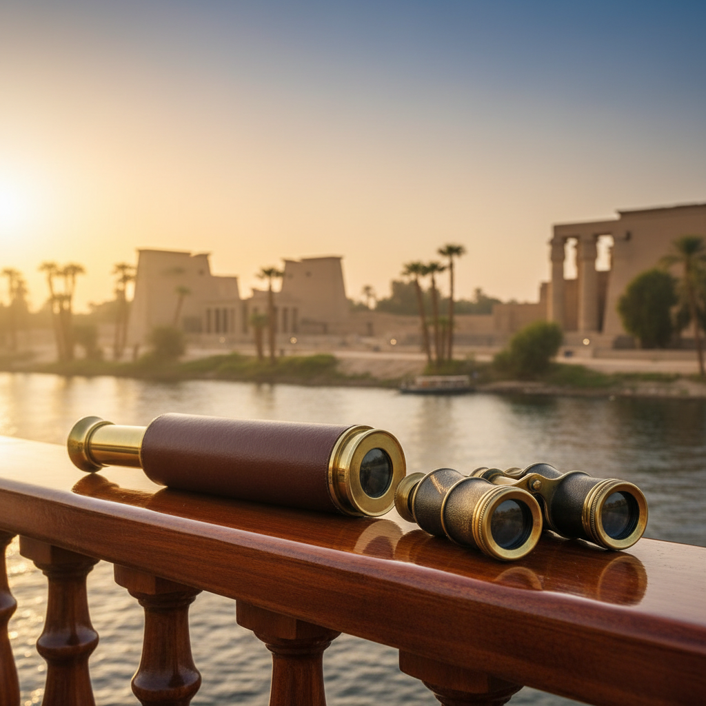 A vintage brass telescope on a luxury cruise ship deck overlooking the Nile River, symbolizing mystery and exotic travel.