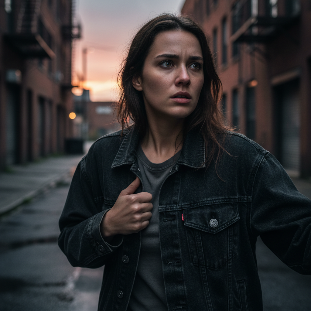 A young woman with a desperate and urgent expression, scanning a gritty urban street at twilight, conveying a frantic search and suspense.